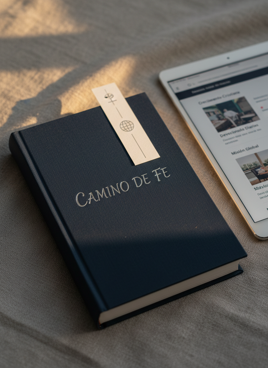 A sleek, dark blue hardcover devotional book titled with a subtle silver embossed script, lying on a soft gray linen surface. Next to it, a minimalistic bookmark printed with a small globe and cross icon peeks out, hinting at global ministry focus. In the background, slightly out of focus, a tablet displays a clean blog layout with article titles in Spanish about Christian growth. Gentle late-afternoon light filters in from the side, creating a calm, warm tone and delicate shadows along the book’s edges. Photographic realism, close-up composition using rule of thirds, with a serene, professional mood emphasizing thoughtful Christian reflection and digital resources.