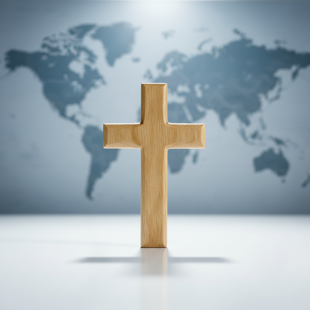 A simple wooden cross standing upright on a smooth white surface, carved from light oak with visible natural grain and a finely sanded finish. Behind it, a softly blurred backdrop features an abstract world map in muted blues and grays, suggesting global reach without overpowering the cross. Cool, diffused daylight from above and slightly behind the cross creates a pleasing rim light along its edges and a gentle shadow in the foreground. Photographic realism with a centered, portrait-style composition and ample negative space, evoking a professional, contemplative, and globally minded Christian atmosphere suitable for a ministry blog banner.