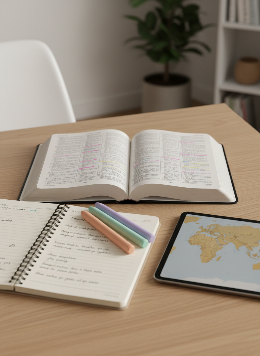 An open study Bible spread across a light oak table, its thin, slightly curled pages filled with finely printed text and delicate colored underlines. Around it lie carefully arranged study tools: a lined journal with tidy handwritten notes, pastel highlighters, and a tablet displaying a map of the world with highlighted mission regions. Diffused daylight from the side creates soft, even illumination, with crisp details in the foreground and a gentle bokeh of a modern, minimalist home office in the background. Photographic realism from a slightly elevated angle, professional and organized mood, emphasizing diligent study and global Christian ministry resources.