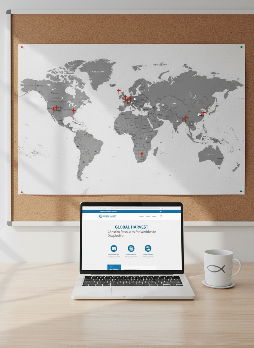 A large, clean world map printed on matte paper pinned to a corkboard, with small cross-shaped pins marking various continents and nations. Below the map, a white laptop sits open on a pale wooden desk, its screen displaying a neatly designed Christian resource website interface. A simple ceramic mug with a subtle fish symbol rests beside it. Overhead, cool but inviting daylight from a nearby window brightens the scene, casting soft shadows and highlighting the texture of the map. Shot in photographic realism at eye level, with a balanced, centered composition, creating a modern, professional atmosphere that communicates global Christian outreach.
