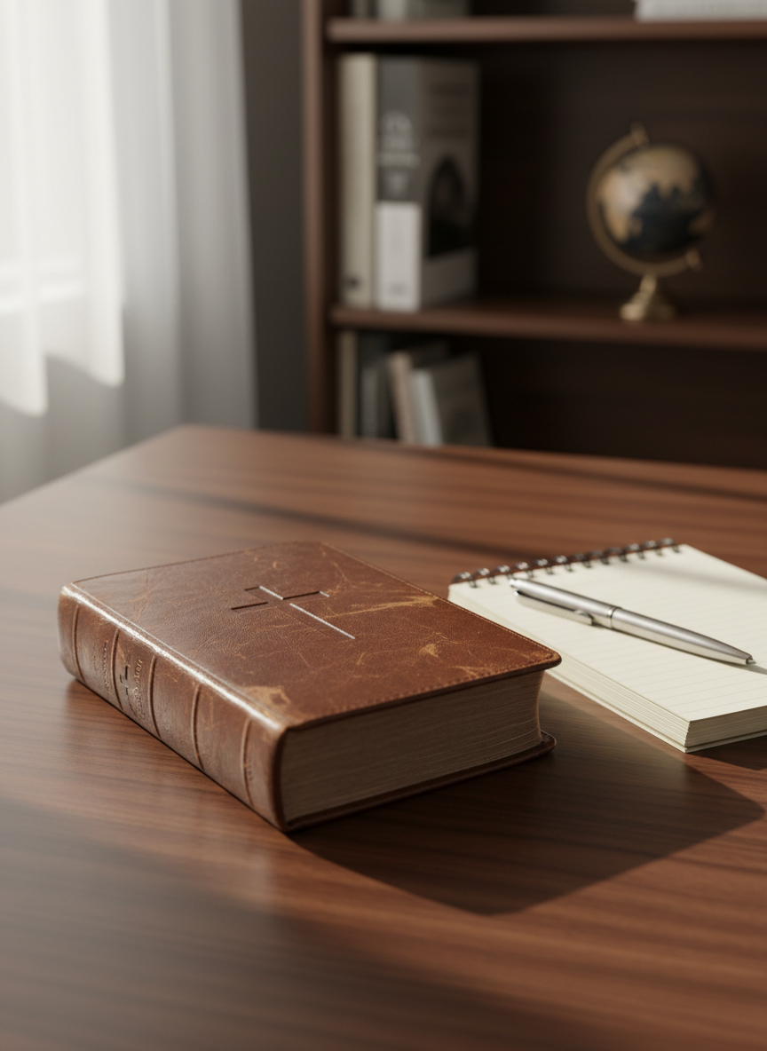 A well-worn leather Bible, closed and resting on a smooth, dark wooden desk beside a neatly stacked notebook and a slim silver pen. The Bible’s textured cover, embossed with a subtle cross, shows gentle creases that suggest years of study. Soft morning light from an unseen window washes across the desk, creating a warm, contemplative glow and long, gentle shadows. In the blurred background, minimalist bookshelves hold a few orderly Christian titles and a small globe. Photographic realism, eye-level composition with shallow depth of field, professional and clean aesthetic, conveying a calm, reflective atmosphere suitable for a global Christian blog homepage.